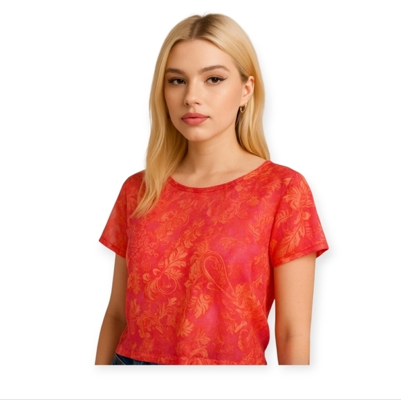 Vintage Tops - Vintage Y2K Babydoll Tee Red Orange Pink Semi-Sheer Flirty Early 2000s Top